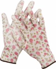 Перчатки GRINDA садовые, прозрачное PU покрытие, 13 класс вязки, бело-розовые, размер M в Кирове