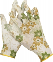Перчатки GRINDA садовые, прозрачное PU покрытие, 13 класс вязки, бело-зеленые, размер M