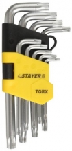 Набор ключей имбусовых Stayerl Torx короткие TX 10, 15, 20, 25, 27, 30, 40, 45, 50, 9пр. Cr-V сталь, сатинированное покрытие